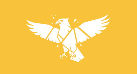 Geometric Eagle Flying on Yellow Backdrop with Digital Fragmentation Effect for Gaming, Sports Team, or Aviation Projects
