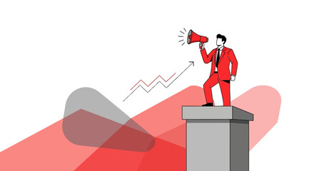 Obraz premium Illustration Of Red-Suited Man Holding Megaphone Stands On Platform Announces Growth Concept