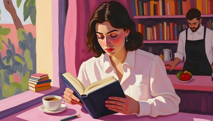 A pastel-colored illustration of a young woman reading a book in a cozy café