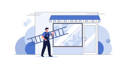 Obraz premium Illustration of a worker carrying a ladder in front of a shop or a building