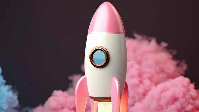 A colorful rocket launching from a laptop with vibrant smoke.