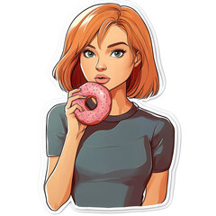 Young woman with red hair holding a pink donut, colorful illustration with playful expression and casual style