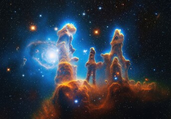 Obraz premium Astronaut standing on cosmic pillars in nebula isolated on white background