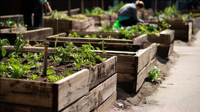 local. Lush vegetable garden beds under sunlight, representing community gardening and sustainability. ESG reports.
