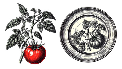 "Vintage Botanical Vector Illustration of Tomato Plant with Leaves and Plate Engraving Isolated on White Background for Classic Food Design"