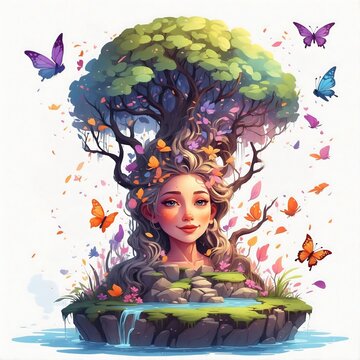An ethereal artwork blends nature and femininity in a mesmerizing tableau, featuring a tree-crowned woman surrounded by a vibrant flutter of butterflies and a serene water feature.