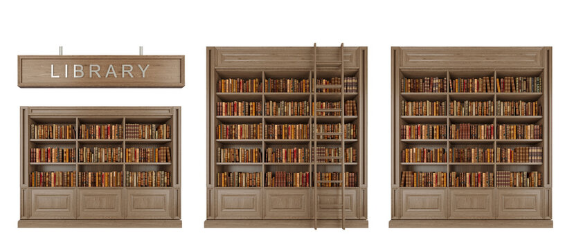 Library wooden bookshelf and library sign isolated PNG .3d rendering