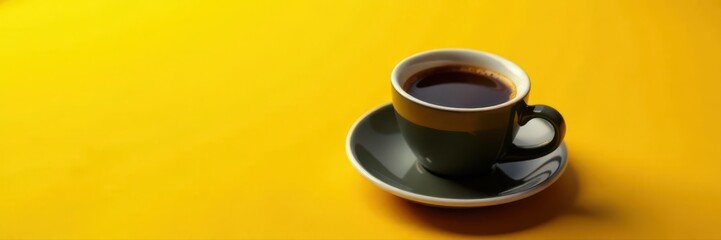 Obraz premium Dark espresso shot, crema highlights, vibrant yellow backdrop, barista, hot drink, macro