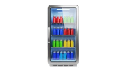 Stainless steel beverage cooler with glass door filled with colorful soda cans isolated on a white background.