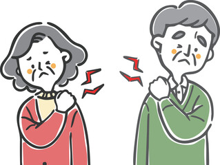 肩こりに悩むシニア夫婦　上半身　ベクター
