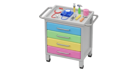 Medical cart with colorful drawers and equipment.