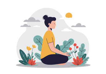 Healthy lifestyle vector, featuring a woman meditating among flowers and plants
