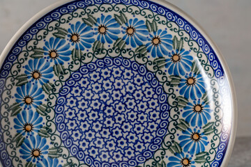 Ceramika Artystyczna Salad Bowl with Plates Set No835 Hand Painted Blue Daisy Polish Pottery Boleslawiec 1980s