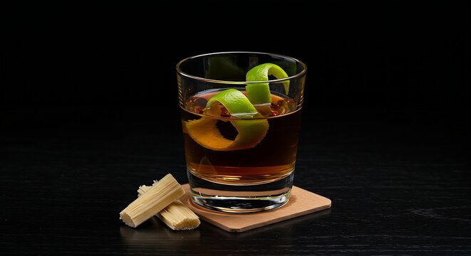 glass of rich, dark amber Brazilian Cacha&ccedil;a (Ping) neat, a lime peel twisted around the rim, a small piece of sugar cane resting on the coaster, set on a polished black wooden bar top