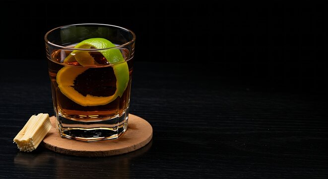 glass of rich, dark amber Brazilian Cacha&ccedil;a (Ping) neat, a lime peel twisted around the rim, a small piece of sugar cane resting on the coaster, set on a polished black wooden bar top