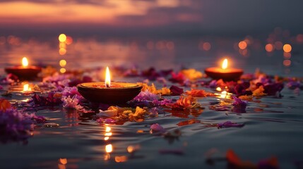 Traditional Diwali Diyas with Glowing Flames and Floating Flower Petals on Reflective Water for Festive Spiritual Celebration and Cultural Marketing


