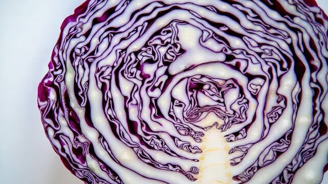 A close-up shot of a red cabbage cut in half, with the leafy edges and inner layers visible