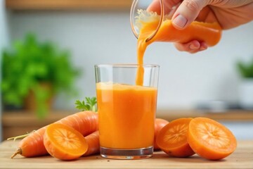 Vibrant Orange Carrot Juice Pouring from Juicer into Glass - Healthy Homemade Recipe