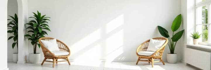 Fototapeta premium Empty white wall mockup, boho room, wicker chairs, plants, natural light, presentation, mockup