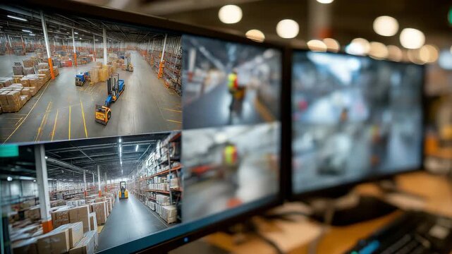 A huge indoor facility in the retail industry is monitored and kept secure by security cameras and monitor displays showing warehouse video.
