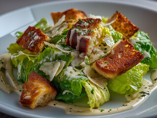 Caesar Salad: Gourmet Food Art with Crispy Croutons and Fresh Romaine Lettuce in Culinary Photography of Plated Restaurant Dish