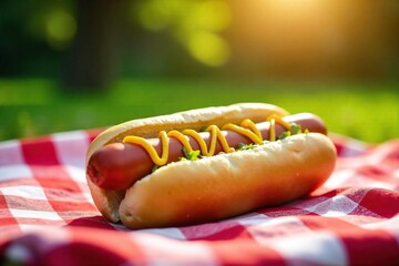 Sunlit Picnic A Classic Hot Dog in a Soft Bun, Ready to Enjoy Outdoors.  Mustard, relish, and vibrant colors highlight this appetizing summer scene, perfect for a relaxing outdoor meal.