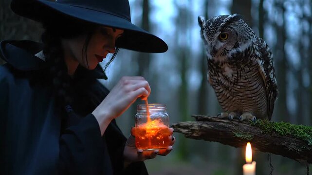 Mysterious witch with owl and glowing potion in dark forest.