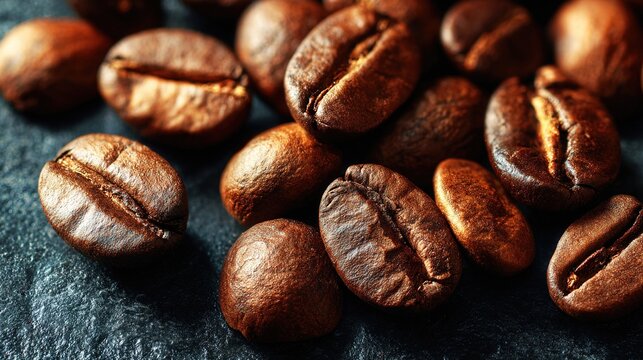 stimulant. A macro shot of roasted coffee beans with textured details on a dark slate background. bar promotions, beverage menus, designed for product packaging and bar promotions.