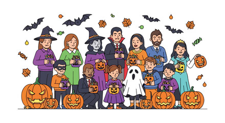 Fototapeta premium Happy Halloween Family Gathering with Kids in Costumes and Jack-o'-Lanterns
