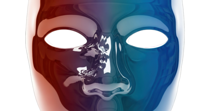 Abstract face mask with vibrant color gradients and glossy finish.