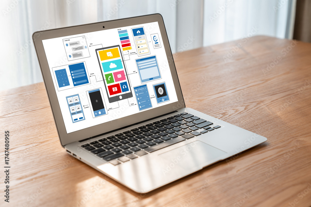 Wall mural ux ui design process for modish mobile application and website . creative prototype of wireframe for