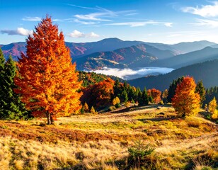 Golden autumn trees stand before layered, misty mountain ranges