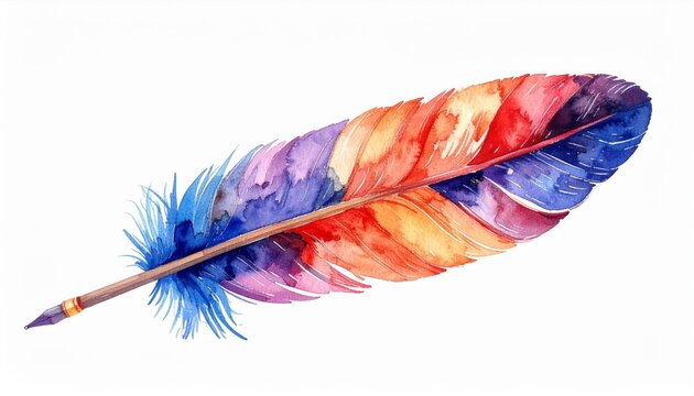 Watercolor Feather Illustration with Vibrant Rainbow Colors on White Background Isolated