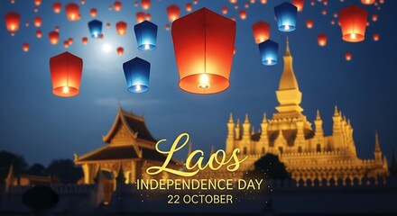Laos Independence Day Celebration with Sky Lanterns and Golden Temple at Night