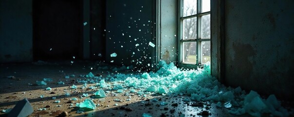Shattered Window Glass Fragments Scattered on Ground, Symbolizing Destruction and Violence Aftermath. Powerful Image Representing Brokenness and Aggression.
