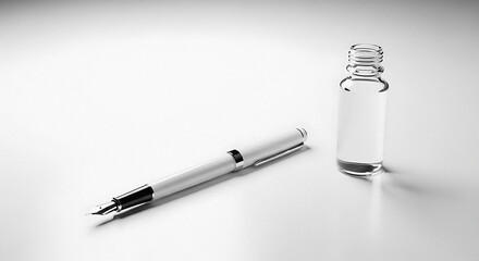 Still life of a white fountain pen and clear glass bottle on a white surface with soft lighting