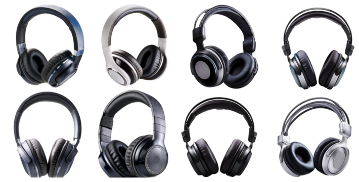 Variety of Stylish Headphones in Different Designs and Colors, isolated on transparent background