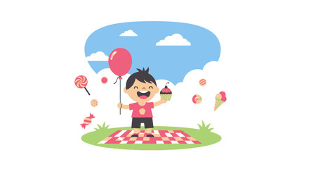 Joyful Child Celebrating A Delightful Day, Holding a Balloon and Delicious Treat