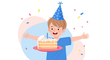 Fototapeta premium Joyful Child Celebrating Birthday With Cake And Colorful Confetti Amidst Festivities