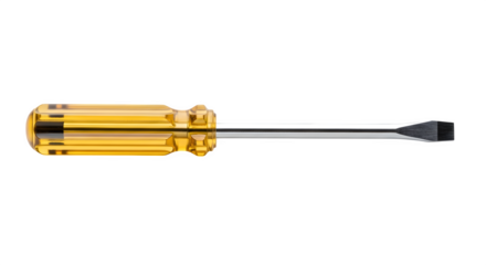 Yellow handled flathead screwdriver isolated on transparent background, a common hand tool used for turning screws with a single slot in their heads