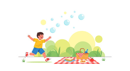 Fototapeta premium Joyful Boy Chasing Bubbles Near Picnic Basket On Cheerful Sunny Day