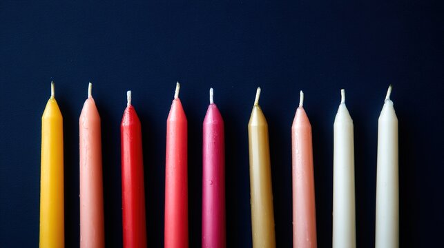wax. Overhead view of multicolored tapered candles with glowing flames, set against a deep blue background. gardening catalogs, home-decor guides, designed for home decor and floral branding.