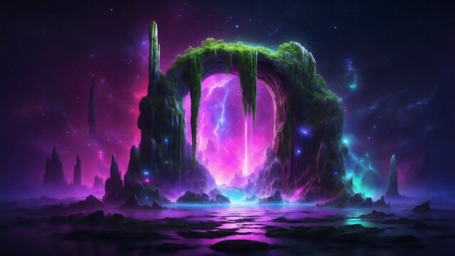 A vibrant archway illuminates, a gateway into the unknown, a fantasy and mystic concept, purple electric tone