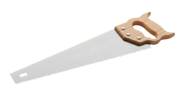 Hand saw isolated on transparent background, a woodworking tool used for cutting wood with a toothed blade and a handle for manual operation