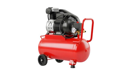Red air compressor with wheels, essential for various pneumatic tools and applications, isolated on transparent background