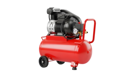 Red air compressor with wheels, essential for various pneumatic tools and applications, isolated on transparent background