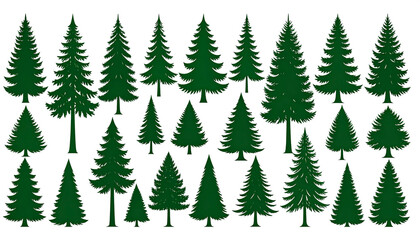 Black and white green pine tree silhouettes, clean icon set, isolated transparent background.
