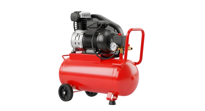 Red air compressor with wheels, essential for various pneumatic tools and applications, isolated on transparent background