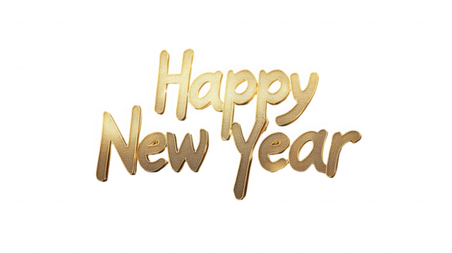 Golden happy new year text with a textured surface against a stark  transparent background display message