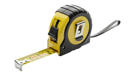 Yellow and black tape measure isolated on transparent background, a common tool used for measuring length and distance in various construction and diy projects